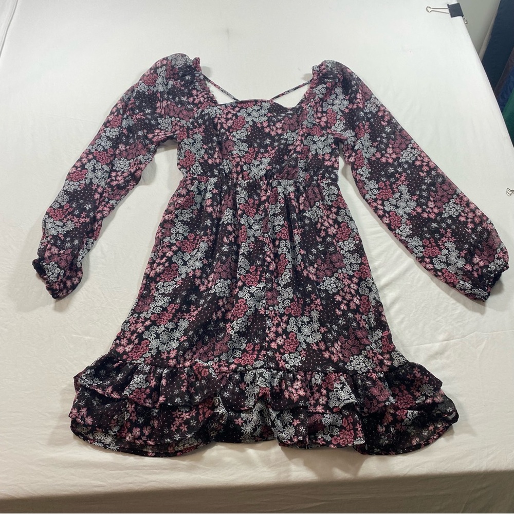 Maurice’s Floral Mini Dress Boho Women’s X-Small Black Pink Ruffle long sleeve - Picture 5 of 10
